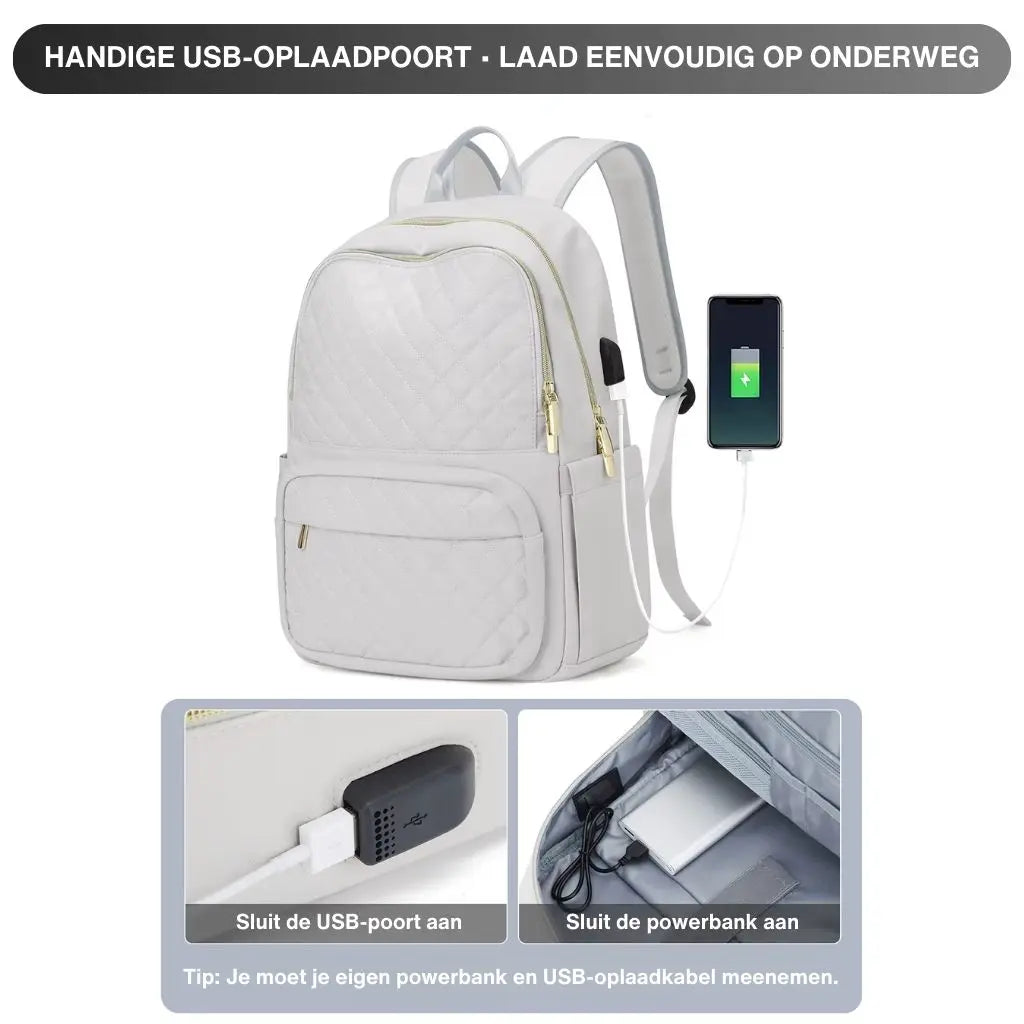 Witte laptoprugzak van 15.6 inch voor dames met ingebouwde USB-oplaadpoort, ideaal voor opladen onderweg.