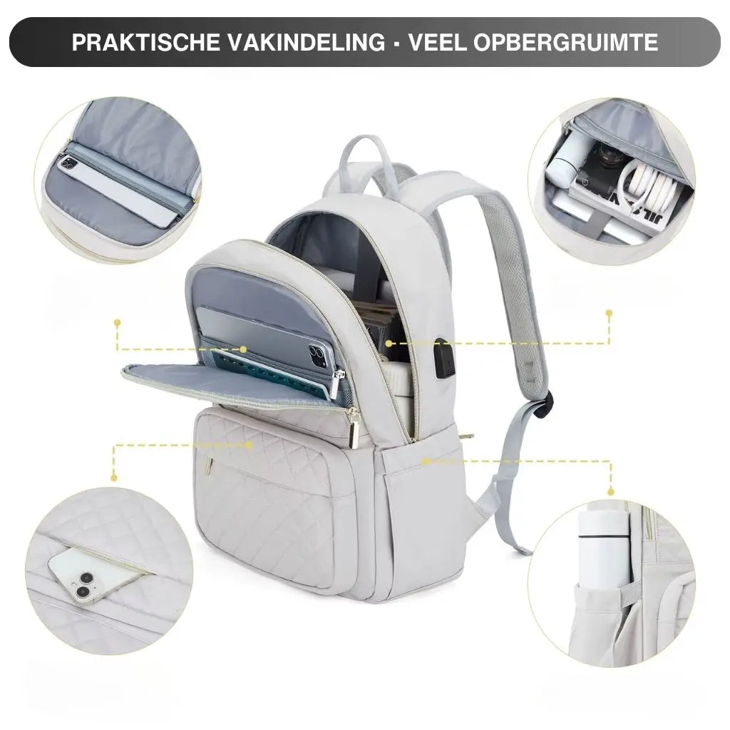 Open witte laptoprugzak van 15.6 inch met verschillende vakken, ideaal voor laptop, telefoon en andere accessoires.
