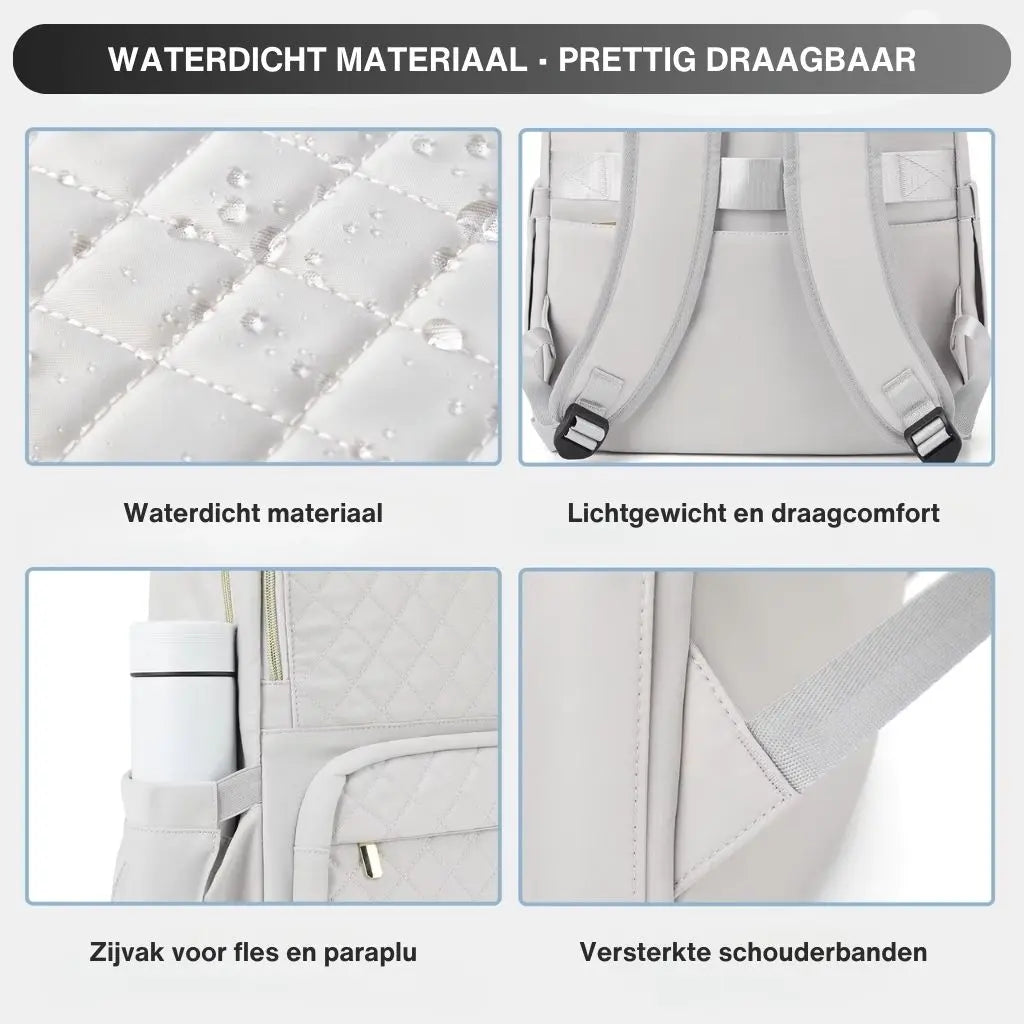 Close-up van de waterafstotende stof van een witte laptoprugzak van 15.6 inch, met waterdruppels op het oppervlak.
