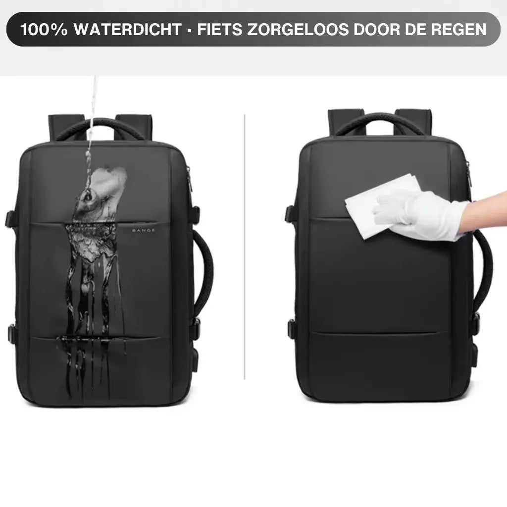 Design laptop rugzak 16 inch getest op waterbestendigheid, met waterdruppels die eenvoudig van het oppervlak afrollen.
