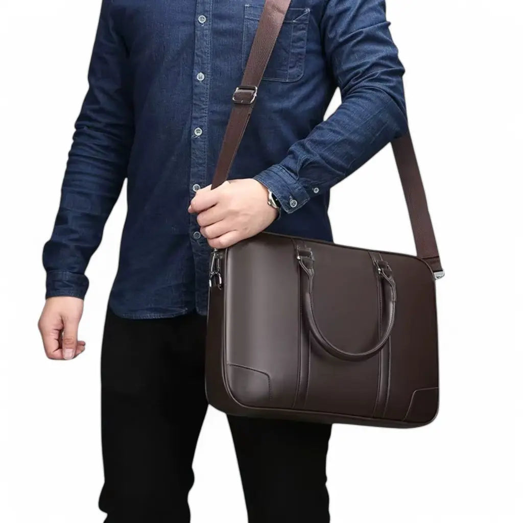Man in donkerblauw overhemd die een design laptoptas heren 14 inch bruin draagt over zijn schouder. De bruine lederen laptoptas met zijn strakke, minimalistische ontwerp complementeert perfect de casual zakelijke stijl en toont de praktische draagmogelijkheden.
