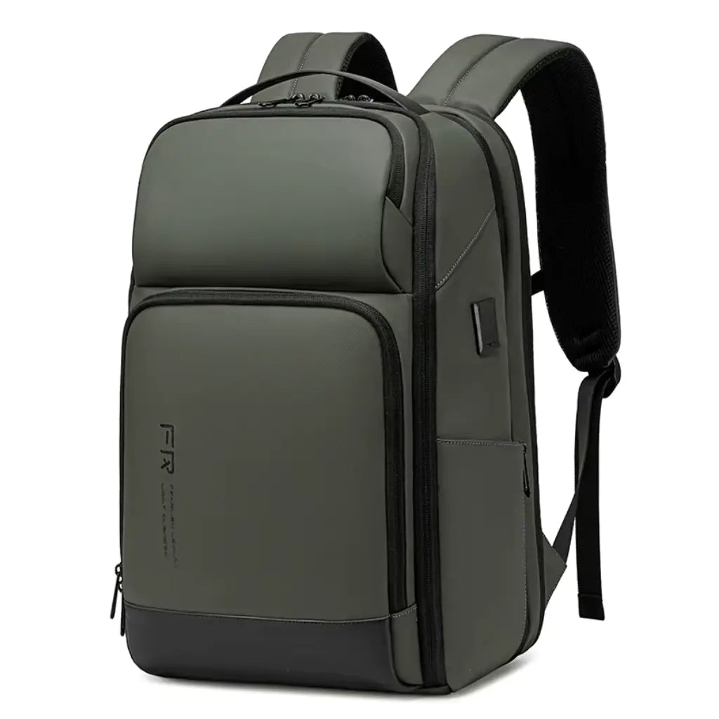 Elegante waterdichte laptop rugzak met USB-poort in zakelijk olijfgroen design met verstevigde handgreep en comfortabele, ademende schouderbanden.