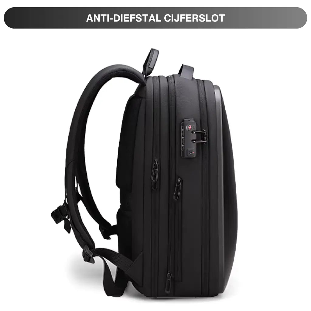 Zijaanzicht van waterdichte fietstas rugzak voor laptop 15.6 inch met TSA-goedgekeurd cijferslot voor extra beveiliging tijdens het reizen.