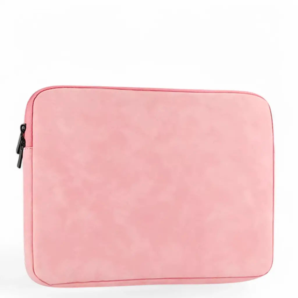 Laptop sleeve 14 inch roze met zwarte ritssluiting, gemaakt van zacht suède-achtig materiaal voor optimale laptopbescherming.