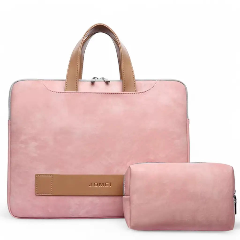 Stijlvolle roze laptoptas dames 16 inch roze met bruine handvatten en bijpassend accessoiretasje van het merk J.QMEI, perfect voor professioneel gebruik.