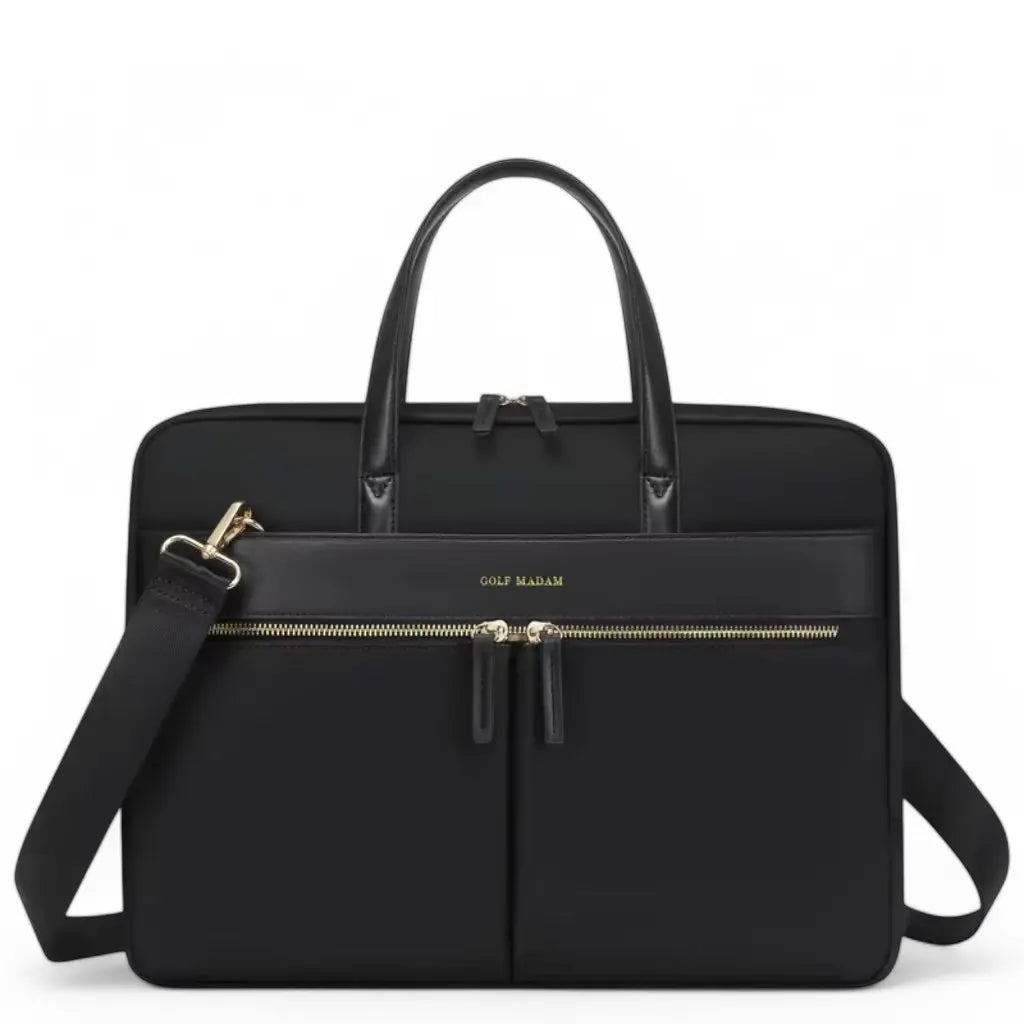 Stijlvolle leuke laptoptas dames 15.6 inch zwart met gouden GOLF MADAM logo, leren handgrepen, goudkleurige ritssluiting en afneembare schouderriem op witte achtergrond.