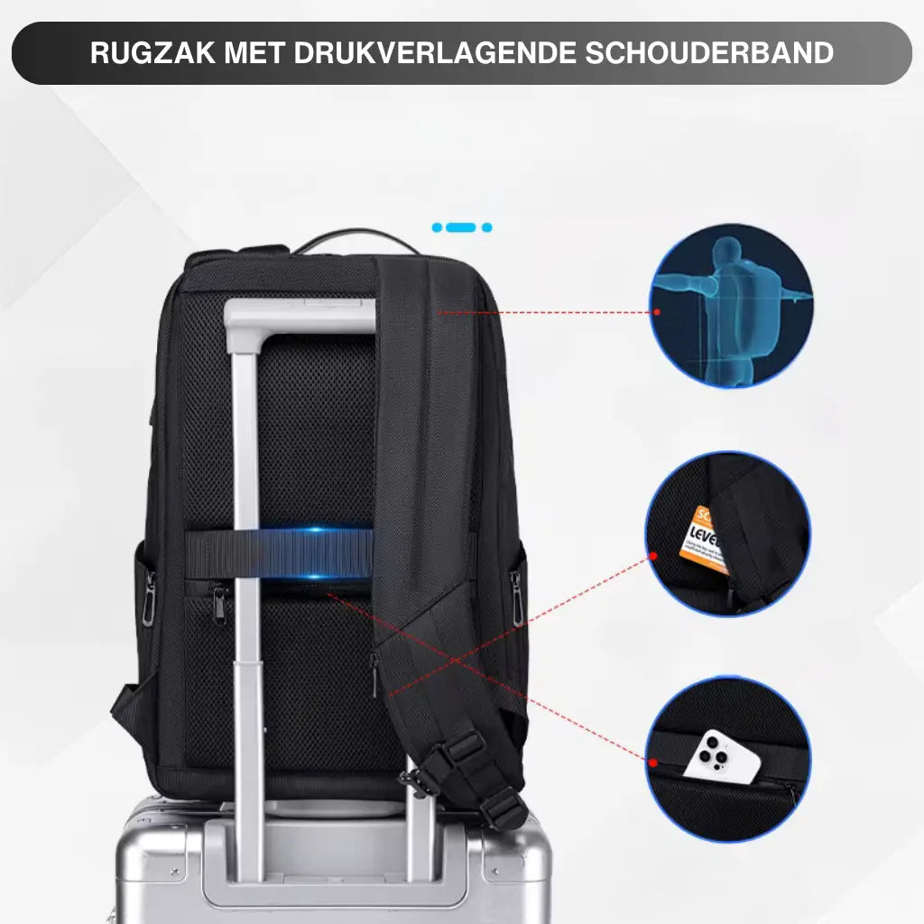 Achterkant van waterdichte laptop rugzak school 16 inch met trolleyband waarmee de tas eenvoudig over rolkoffers geschoven kan worden, met detailinzetten die de ergonomische functies tonen.