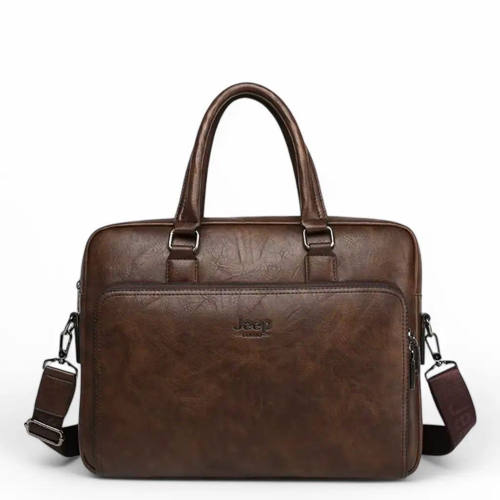 Exclusieve laptoptas heren 14 inch donkerbruin van Jeep met leren afwerking, stevige handgrepen, schouderband en praktisch voorvak perfect voor Nederlandse professionals.