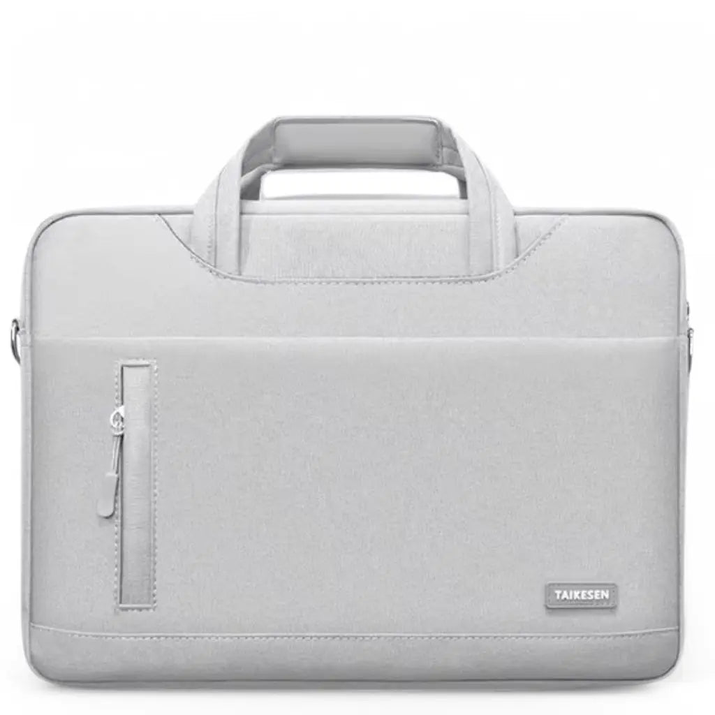 Gaming laptoptas 17 inch in lichtgrijs, met een strakke minimalistische vormgeving, stevige handgrepen, een zijvak met rits en het Taikesen-merklogo, ideaal voor Nederlandse gamers die hun apparatuur veilig willen vervoeren.