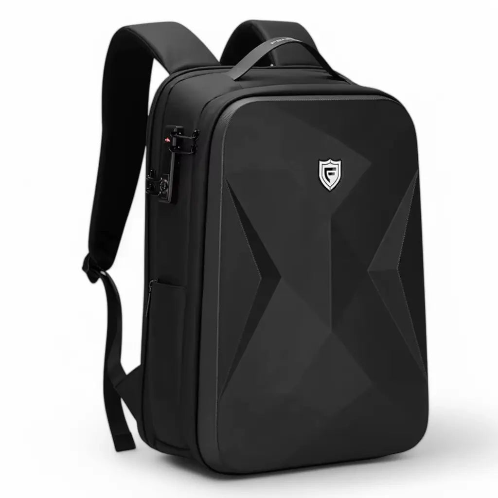 Zwarte waterdichte stevige laptop rugzak heren 17.3 inch met geometrisch design, schildvormig logo en TSA-cijferslot voor optimale bescherming en stijl.
