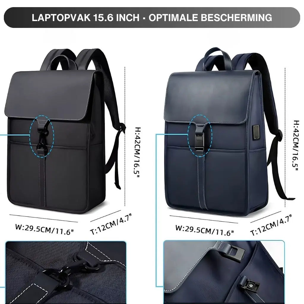 Vergelijking van twee rugzakken voor laptops van 15,6 inch, één in zwart en één in blauw, met afmetingen aangegeven. Beide rugzakken hebben een stevige sluiting en een modern ontwerp.