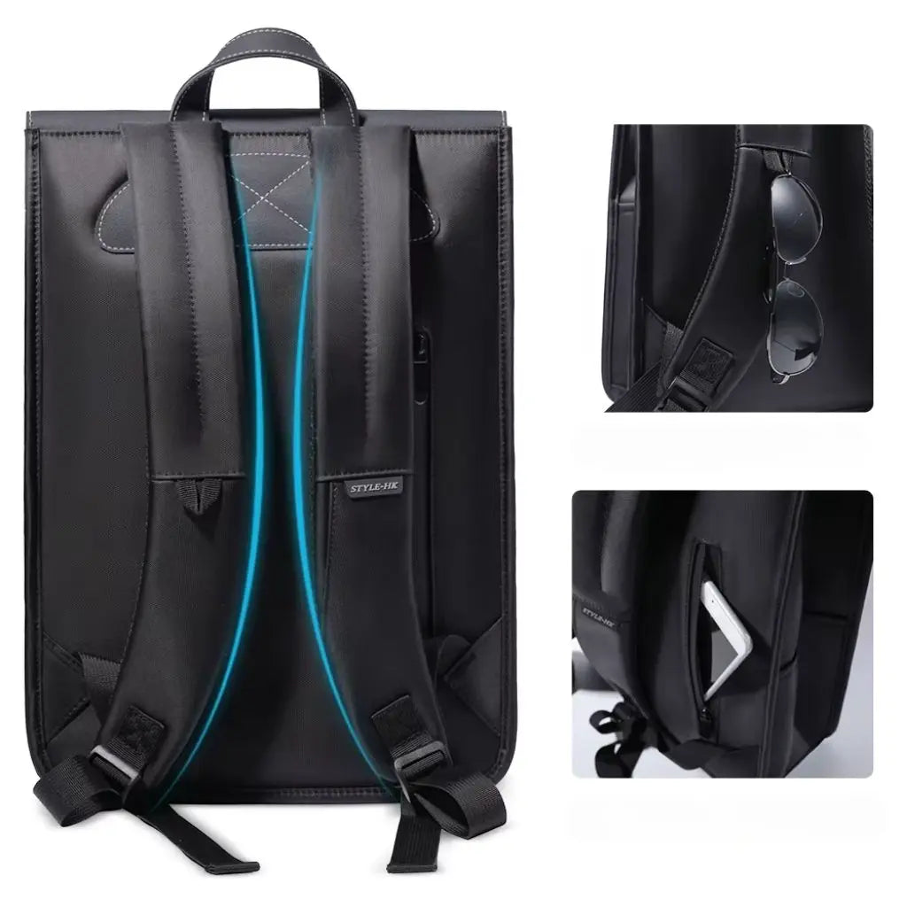Achteraanzicht van een zwarte laptoprugzak 15,6 inch, met gewatteerde ergonomische schouderbanden. Kleine vakken aan de zijkant worden getoond met opbergmogelijkheden voor een bril en een telefoon.