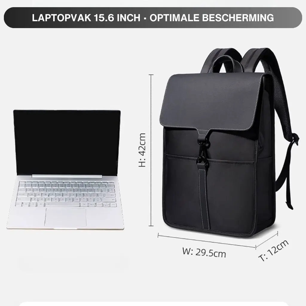 Zwarte laptoprugzak van 15,6 inch met een afbeelding van de afmetingen naast een laptop. De rugzak is 42 cm hoog, 29,5 cm breed en 12 cm diep, ideaal voor optimale bescherming.