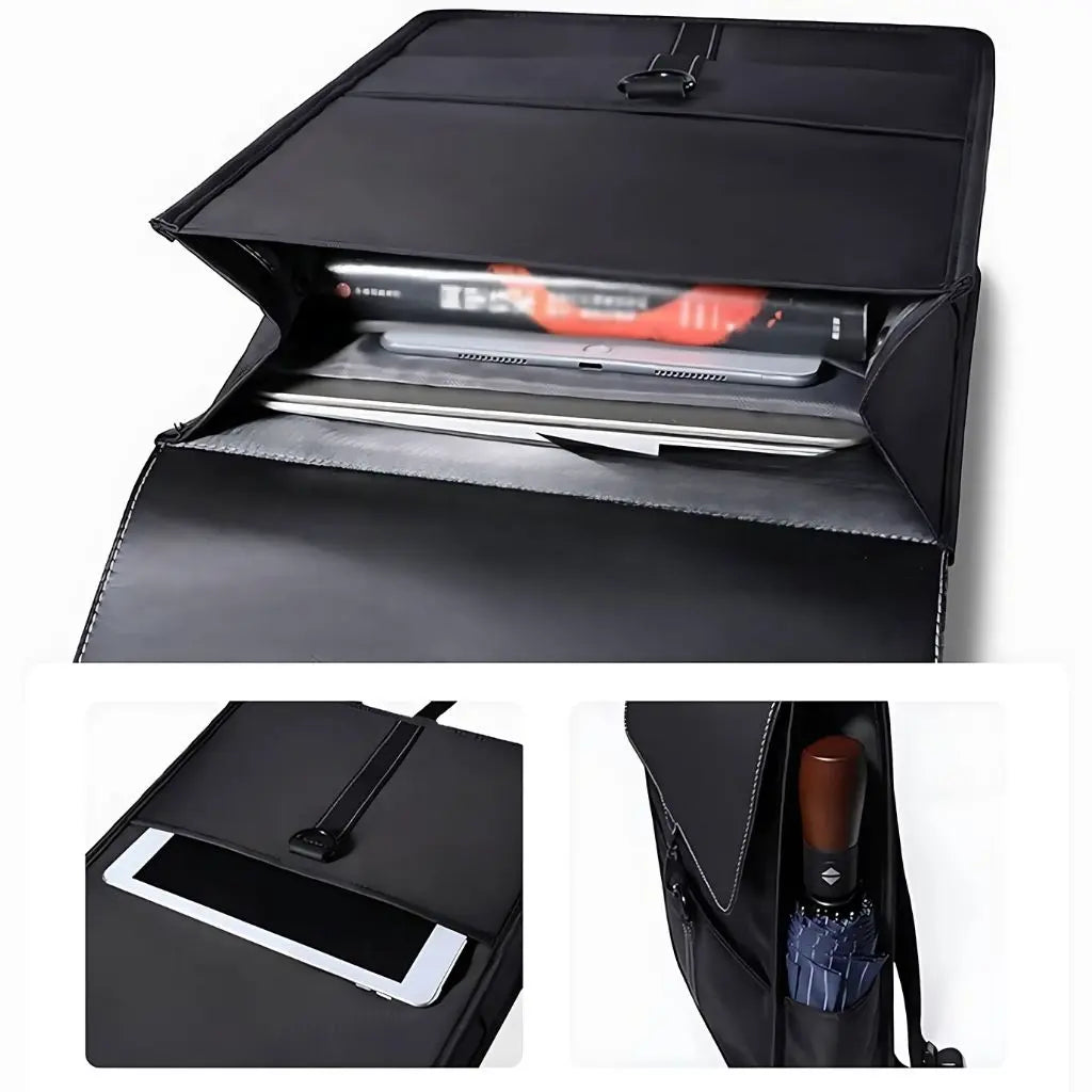 Binnenkant van een zwarte laptoprugzak 15,6 inch, met meerdere compartimenten voor een laptop, tablet en documenten. Zijvak toont extra opslagruimte voor een paraplu of kleine accessoires.