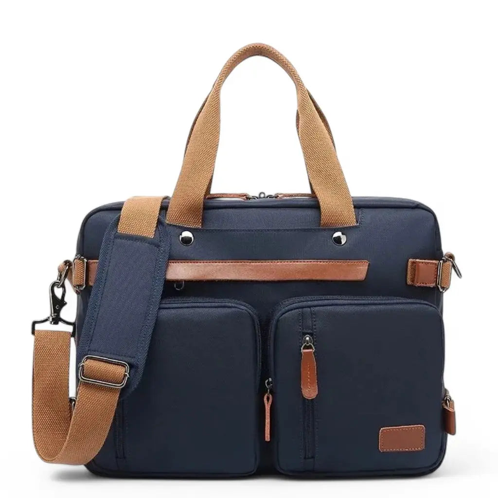 Ruime grote laptoptas heren blauw met bruine accenten, twee voorvakken met ritssluiting en een verstelbare schouderriem. De marineblauw tas met canvas handgrepen combineert functionaliteit en stijl, perfect voor werk en dagelijkse reizen.