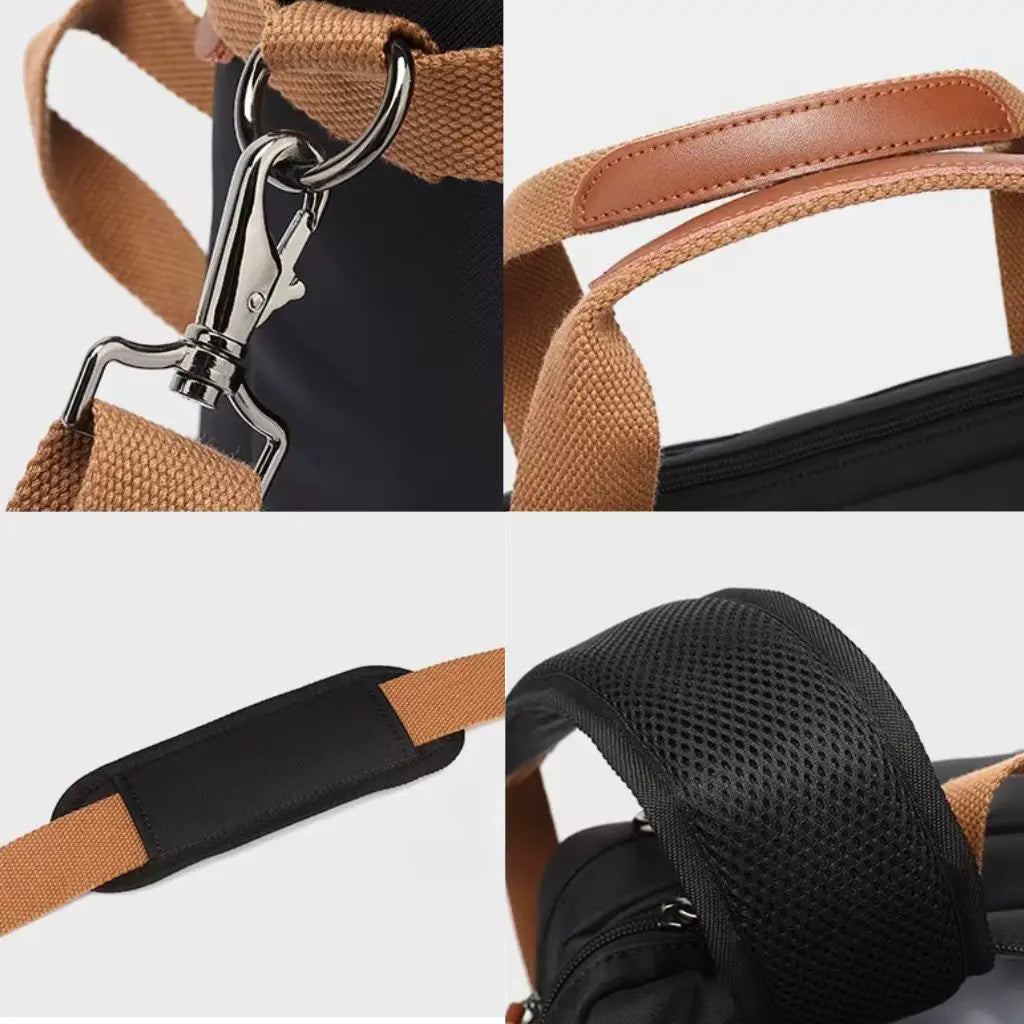 Close-up details van een grote laptoptas heren met hoogwaardige metalen gespen, versterkte bruine canvas bandjes en comfortabele gewatteerde schouderriemen.