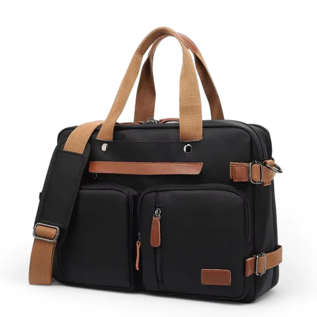 Een stijlvolle zwarte grote laptoptas heren met bruine handvatten en een verstelbare schouderband, perfect voor dagelijks gebruik door professionals.
