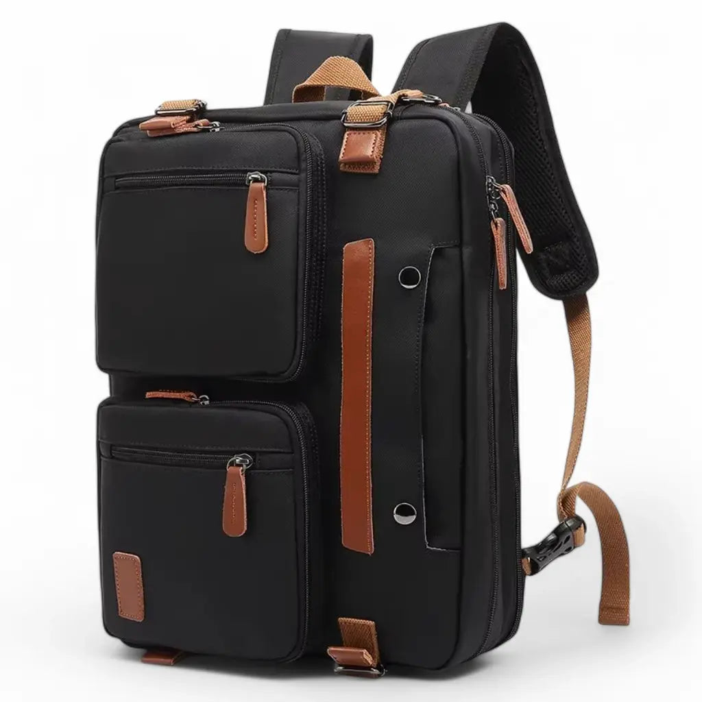 Veelzijdige grote laptoptas heren die omgezet kan worden naar een rugzak, uitgevoerd in zwart met bruine accenten en meerdere opbergvakken.