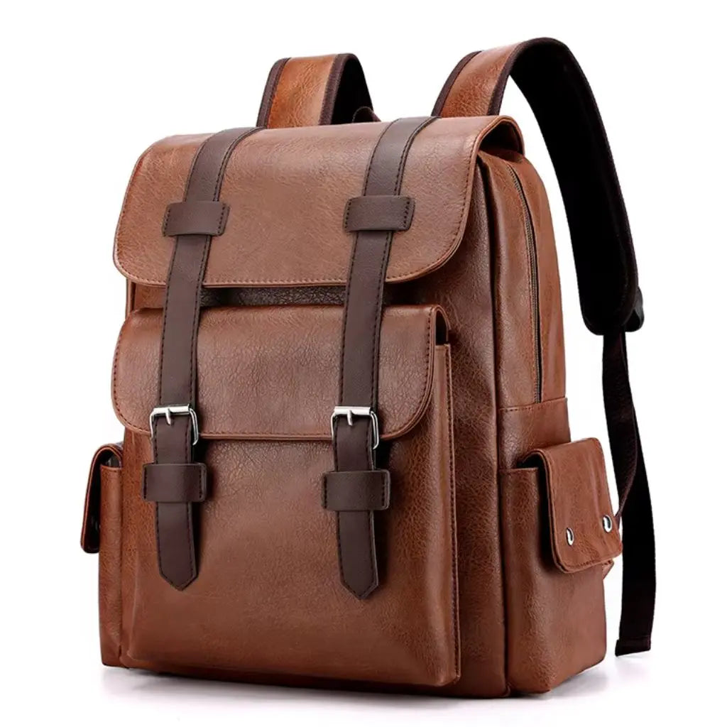 Zijkant van de Heren laptop rugzak 13 inch bruin, met een stevige constructie, extra zijvak en ergonomische schouderbanden voor comfort.