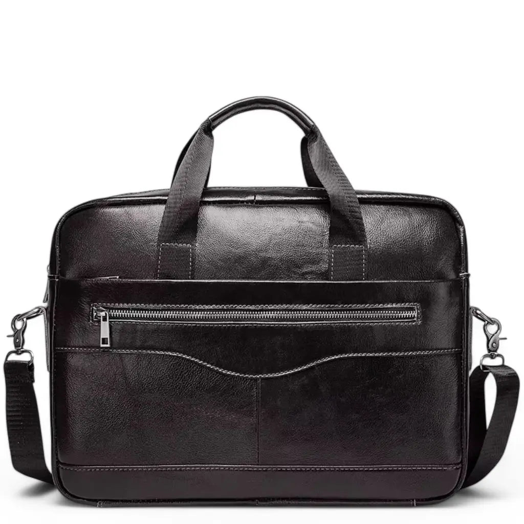 Een stijlvolle zwarte hippe laptoptas heren 13.3 inch met dubbele handgrepen, afneembare schouderriem en voorvak met ritssluiting. De hippe laptoptas heren 13.3 inch zwart heeft een modern design met contrasterende stiksels en is gemaakt van hoogwaardig kunstleer, perfect voor professioneel gebruik.