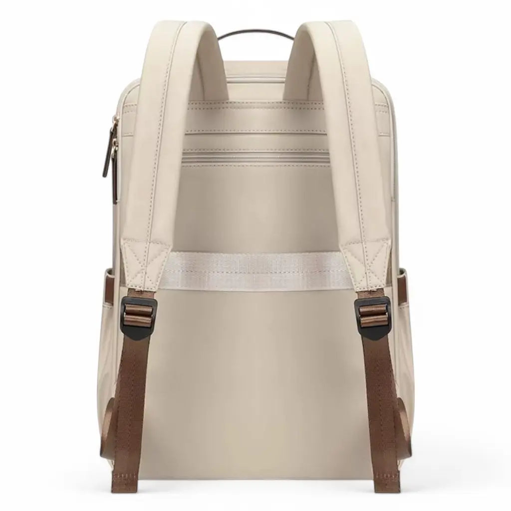 Achterkant van een laptop rugzak 14 inch beige met verstelbare schouderbanden, een ademende rugsteun en een praktische trolleyband voor reizen.