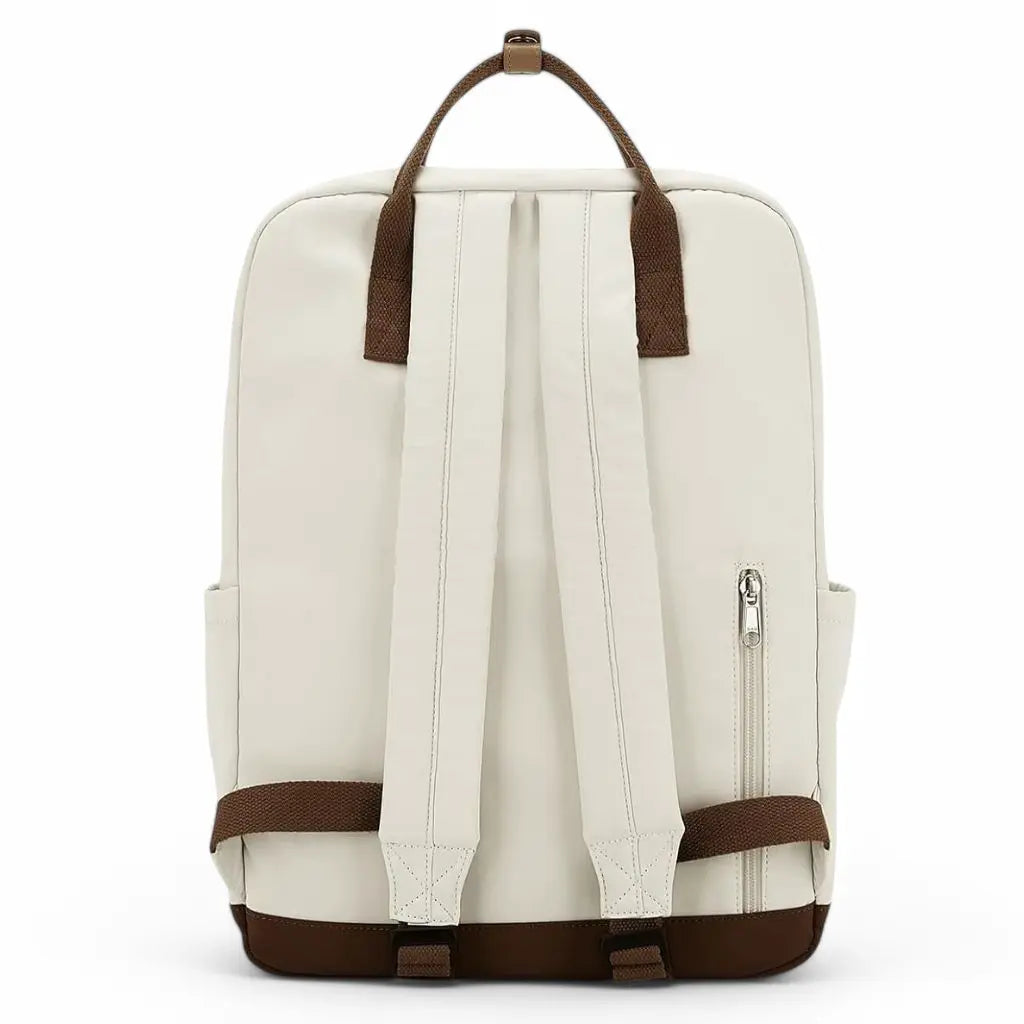 Achteraanzicht van een beige en bruine laptop rugzak 14 inch met verstelbare schouderbanden en een verborgen ritsvak. Comfortabel en ideaal voor dagelijks gebruik.