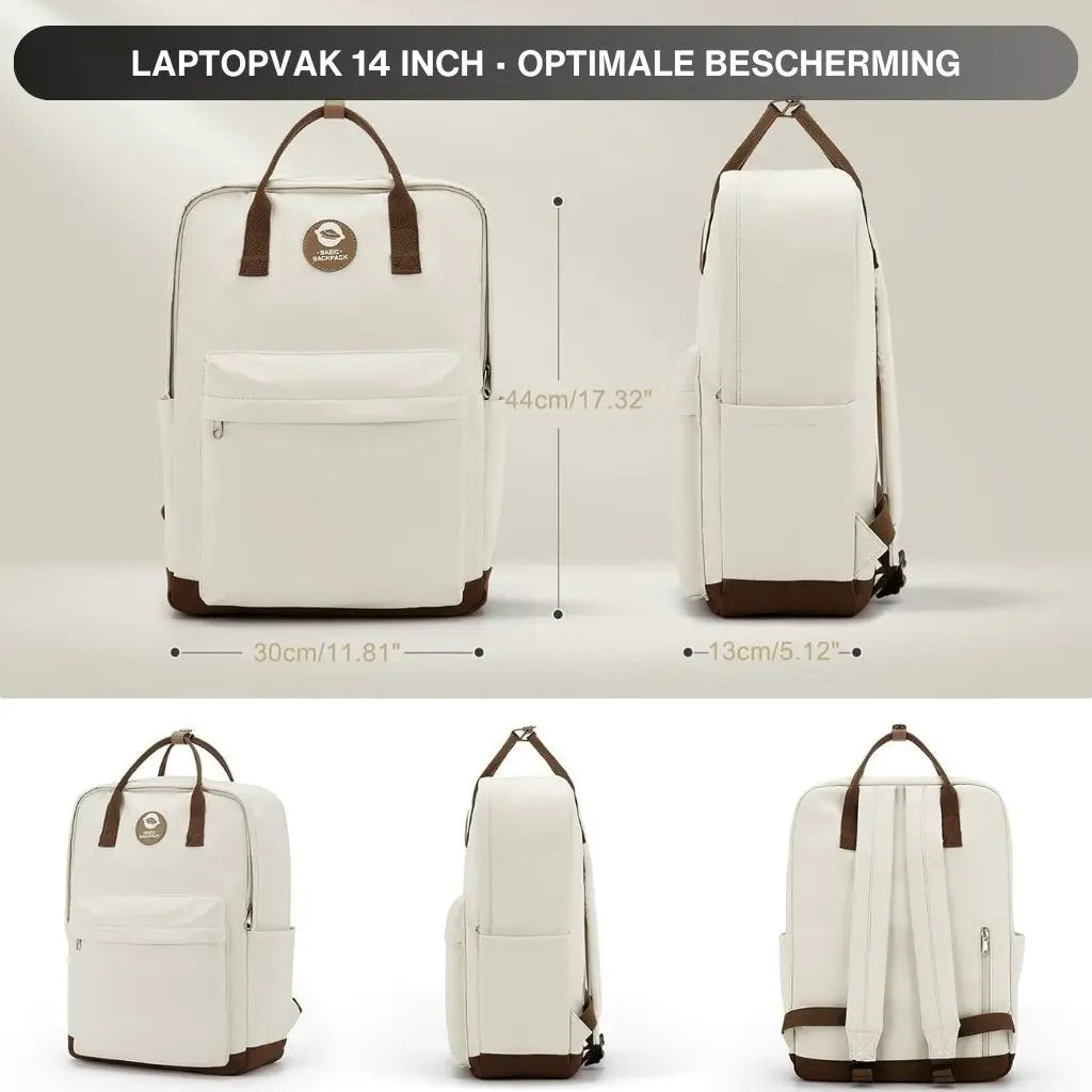 Beige en bruine laptop rugzak 14 inch met afmetingen: 44 cm hoog, 30 cm breed en 13 cm diep. Een stijlvol en praktisch ontwerp voor school en dagelijks gebruik.