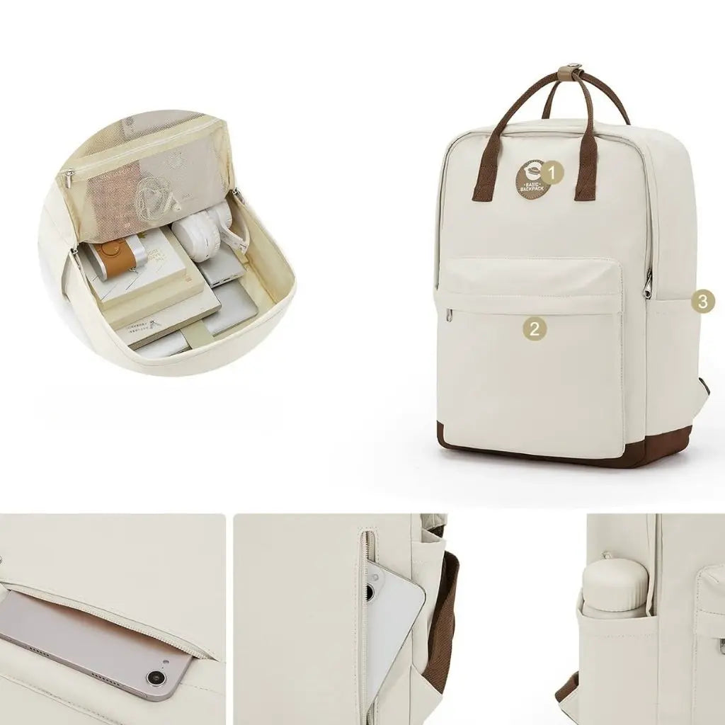 Beige en bruine laptop rugzak 14 inch met meerdere opbergvakken. De binnenkant toont een ruim compartiment voor een laptop, oplader en accessoires, met een extra vak voor een tablet of telefoon.
