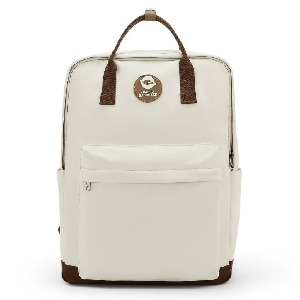 Vooraanzicht van een beige en bruine laptop rugzak 14 inch met een groot voorvak en stevige handvatten. Perfect voor school, werk of vrije tijd.