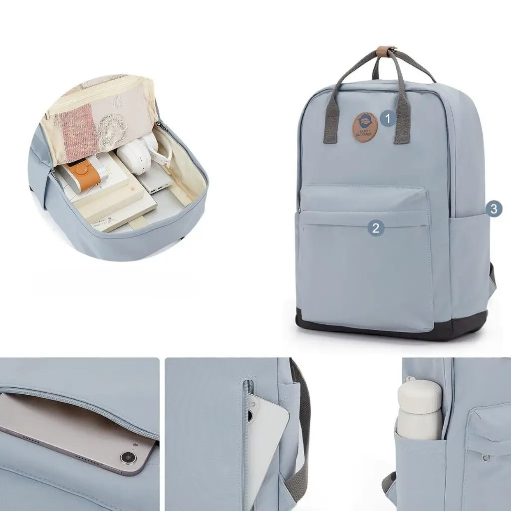 Collage die de veelzijdige functionaliteit van de laptop rugzak 14 inch meiden blauw toont: ruime binnenkant met accessoires, genummerde externe kenmerken, en close-ups van de zijvakken voor waterfles en tablet/telefoon opbergruimte.
