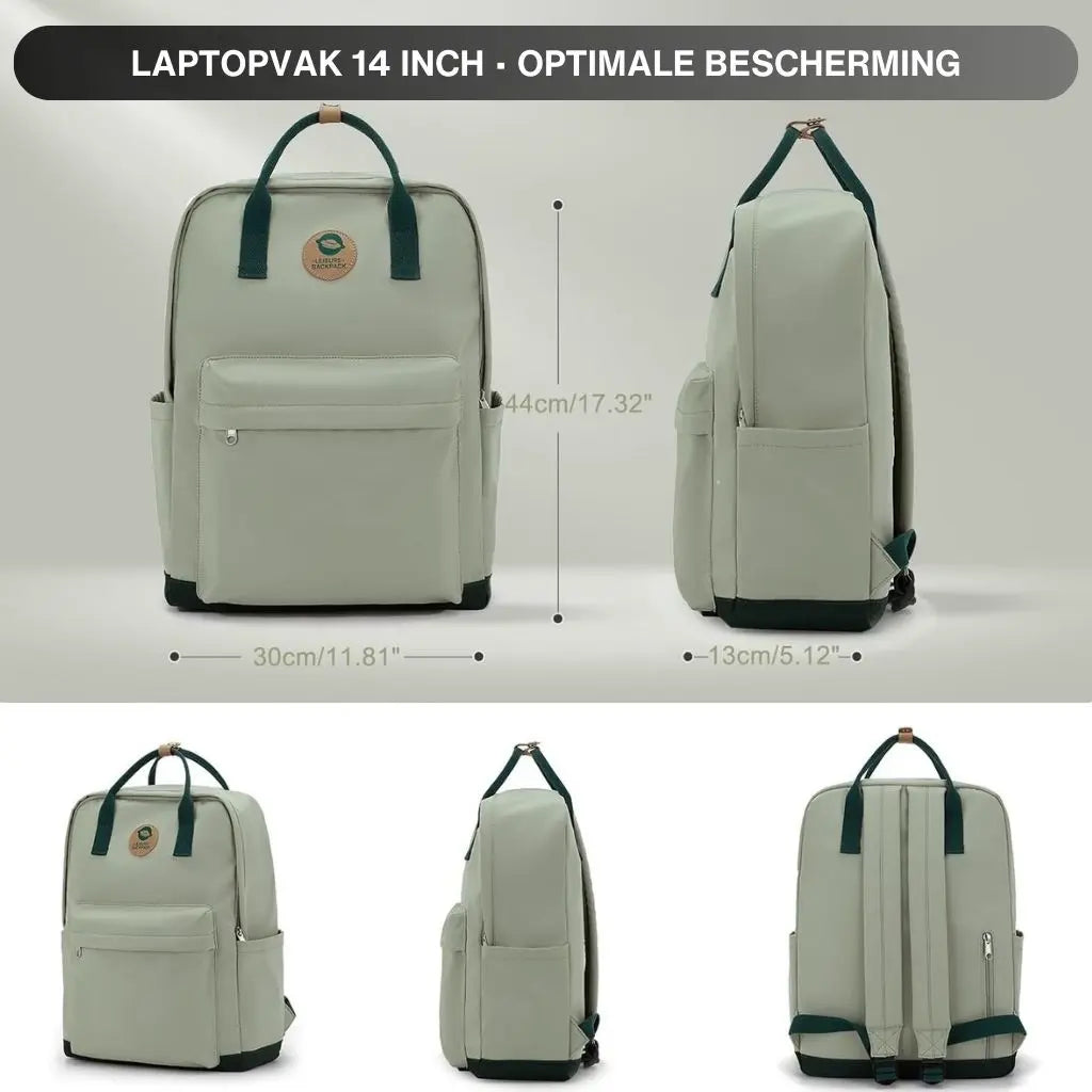 Groene laptop rugzak 14 inch met afmetingen: 44 cm hoog, 30 cm breed en 13 cm diep. De tas heeft een minimalistisch design met stevige handvatten en schouderbanden.