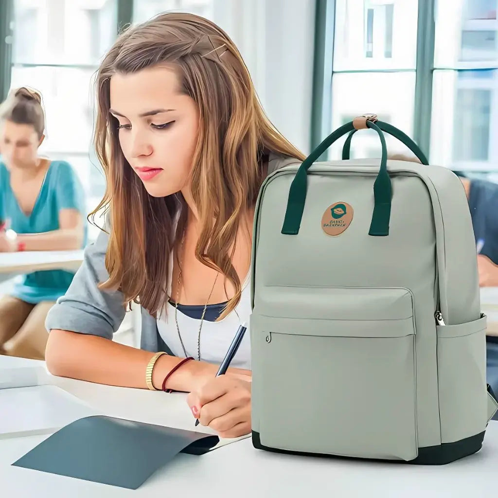 Meisje in de klas schrijft aantekeningen terwijl haar groene laptop rugzak 14 inch naast haar staat. De tas heeft een praktisch en stijlvol ontwerp.