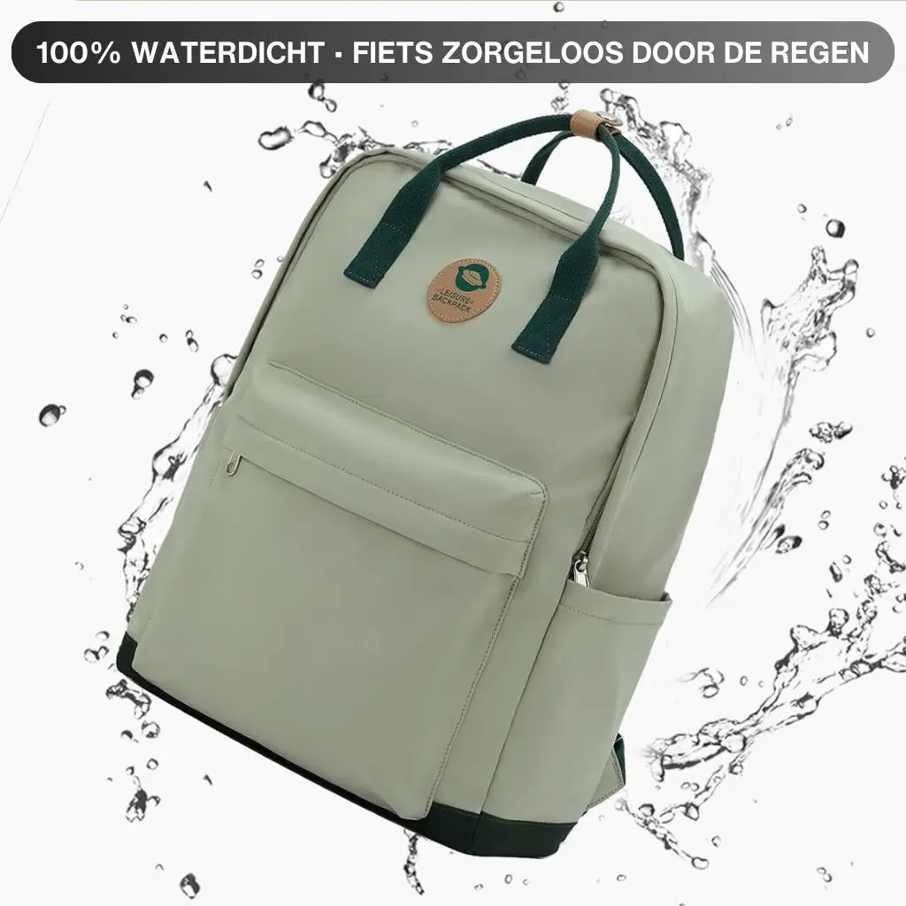 Waterdichte groene laptop rugzak 14 inch, omringd door waterspatten. Ideaal voor bescherming tegen regen tijdens het fietsen of wandelen.