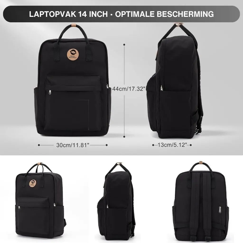 Zwarte laptop rugzak 14 inch met afmetingen: 44 cm hoog, 30 cm breed en 13 cm diep. Het moderne design maakt deze tas ideaal voor school en dagelijks gebruik.