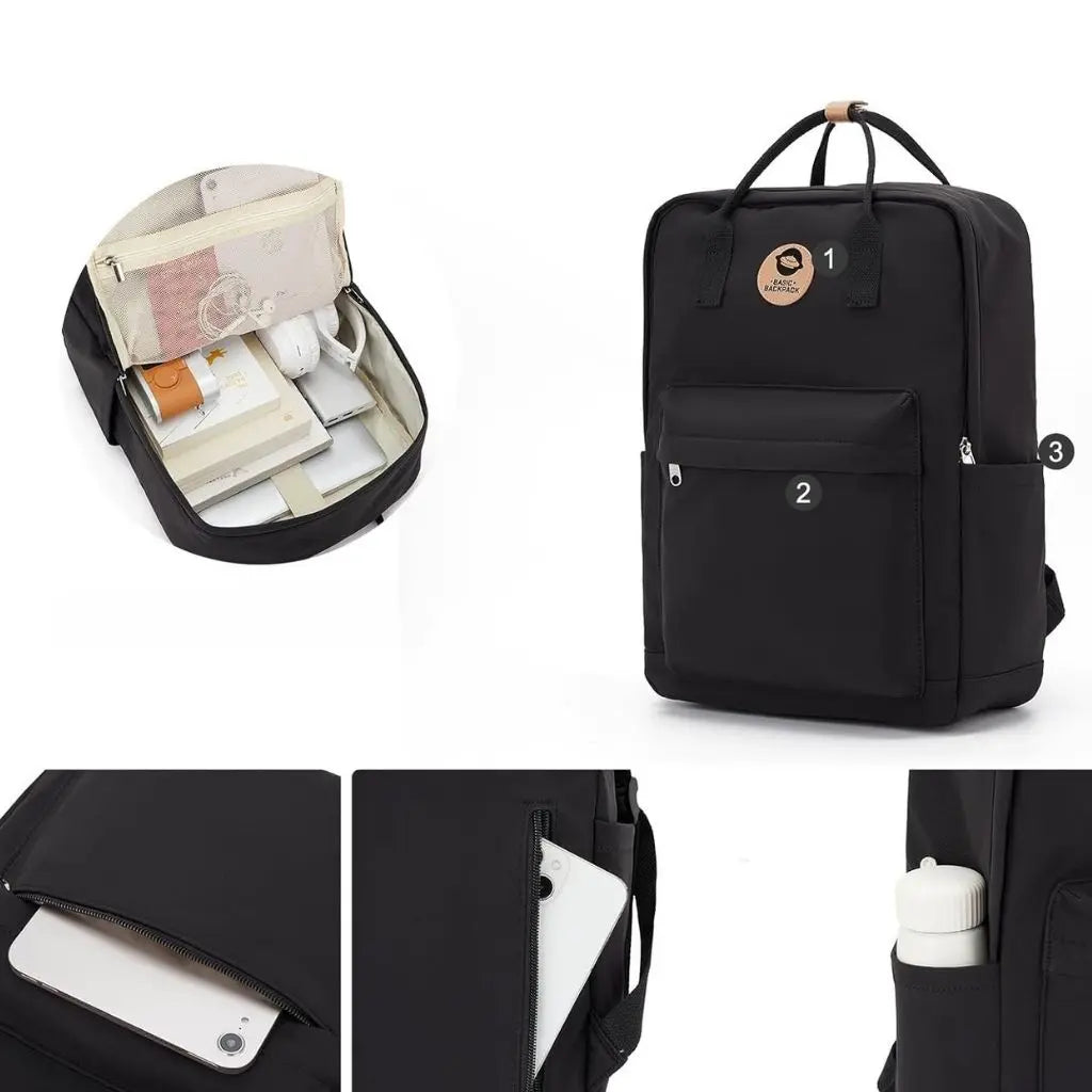 Zwarte laptop rugzak 14 inch met verschillende opbergvakken. De binnenkant toont een ruim compartiment voor een laptop, oplader en accessoires. Zijvakken bieden extra opslagruimte voor een telefoon of flesje water.