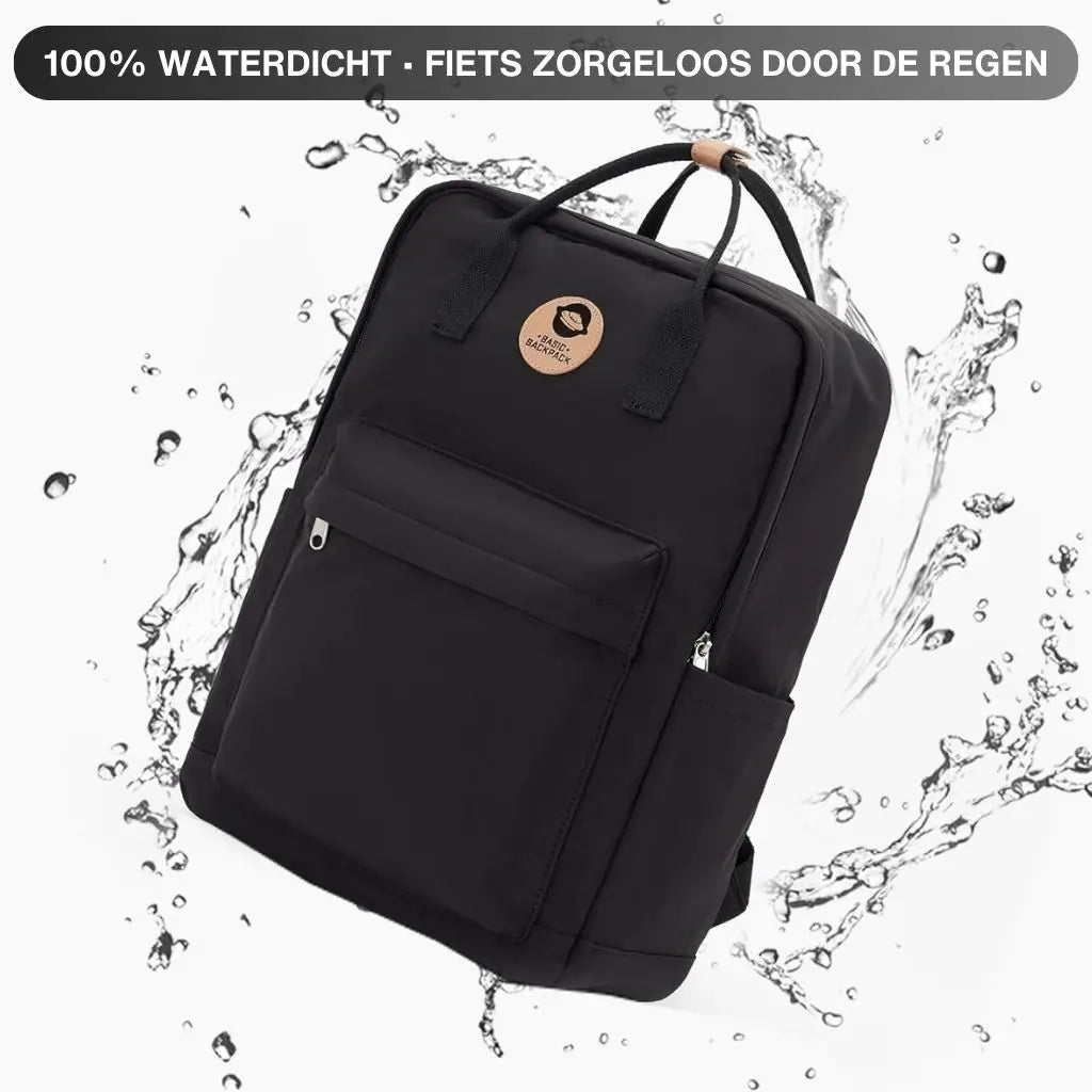 Waterdichte zwarte laptop rugzak 14 inch, omringd door waterspatten. Ideaal voor bescherming tegen regen tijdens het fietsen of wandelen.