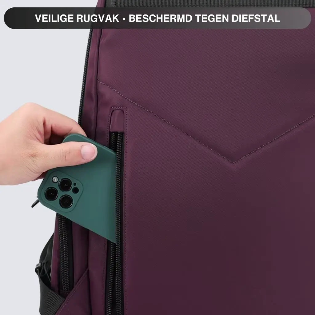 Laptop rugzak 14 inch paars met verborgen anti-diefstalvak aan de achterkant, ideaal voor waardevolle spullen.