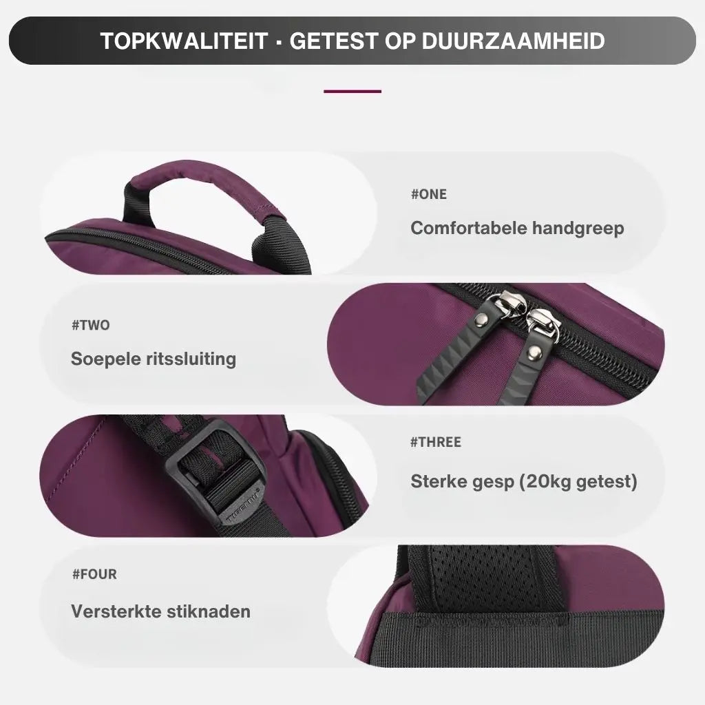 Laptop rugzak 14 inch paars met versterkte stiksels, stevige gespen en soepele ritssluiting voor langdurig gebruik.