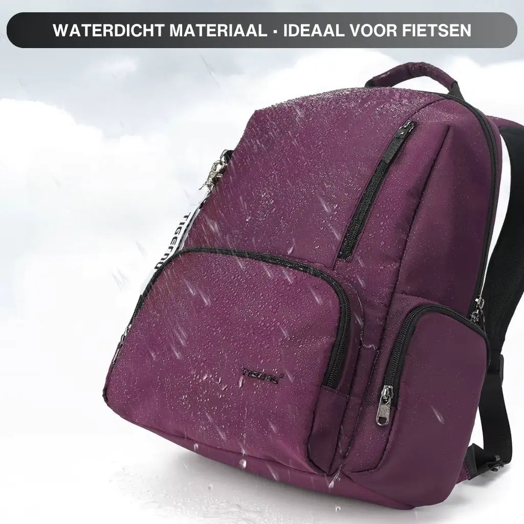 Laptop rugzak 14 inch paars met waterdichte stof, bestand tegen regen en ideaal voor fietsen.