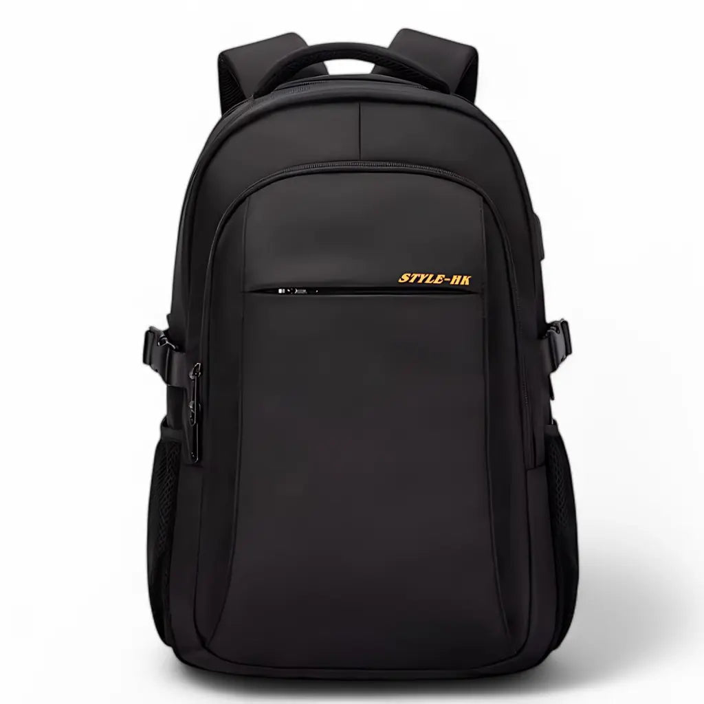 Laptop rugzak 15.6 inch middelbare school in volledig zwart design, groot hoofdvak met rits, zijvakken en voorvak voor accessoires.