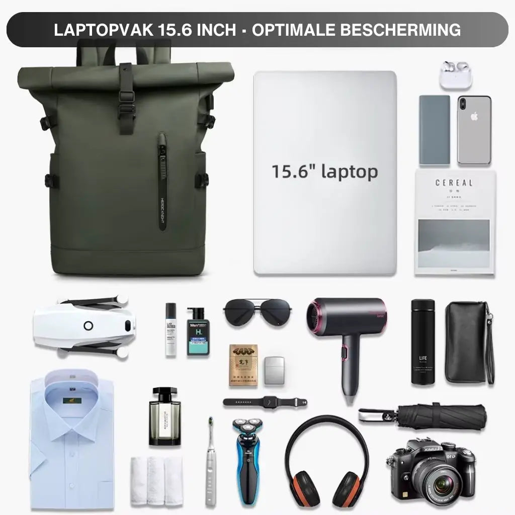 Laptop rugzak 15.6 inch met veel vakken getoond naast de items die erin passen, waaronder een 15.6 inch laptop, smartphone, tablet en andere dagelijkse benodigdheden. De ruime legergroene tas biedt optimale bescherming voor alle apparaten.
