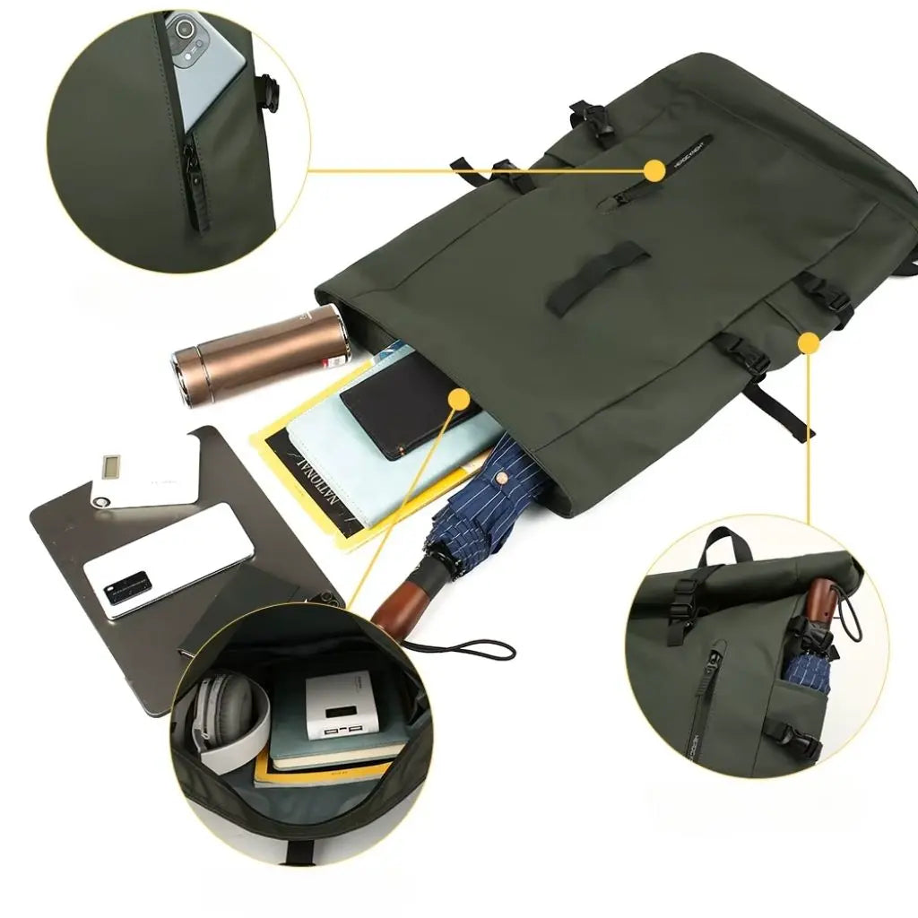 Laptop rugzak 15.6 inch met veel vakken in opengevouwen toestand, met duidelijke weergave van alle opbergmogelijkheden voor laptop, tablet, paraplu, powerbank en andere essentiële items voor de Nederlandse forens.