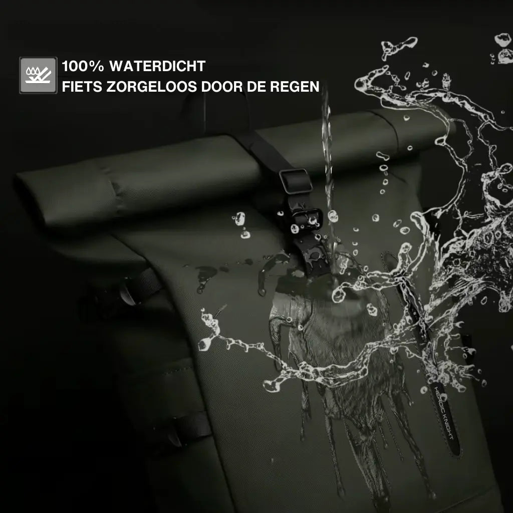 Laptop rugzak 15.6 inch met veel vakken die 100% waterdicht is, waardoor Nederlandse fietsers zorgeloos door de regen kunnen fietsen. De afbeelding toont water dat van het legergroene materiaal afdruppelt zonder binnen te dringen.