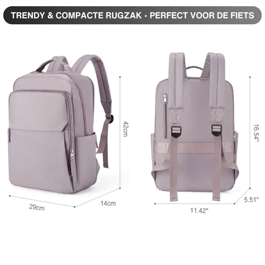 Lichtroze laptoprugzak van 15.6 inch met afmetingen en specificaties, ideaal voor werk of school.