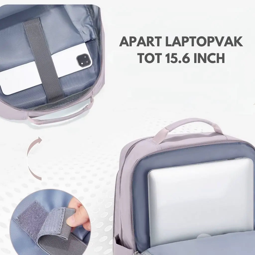 Binnenkant van een roze laptoprugzak met een apart gewatteerd laptopvak voor 15.6 inch laptops, met een stevige klittenbandsluiting.