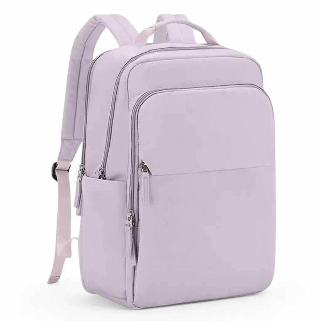 Lichtroze laptoprugzak van 15.6 inch met een minimalistisch ontwerp, meerdere vakken en stevige ritsen.