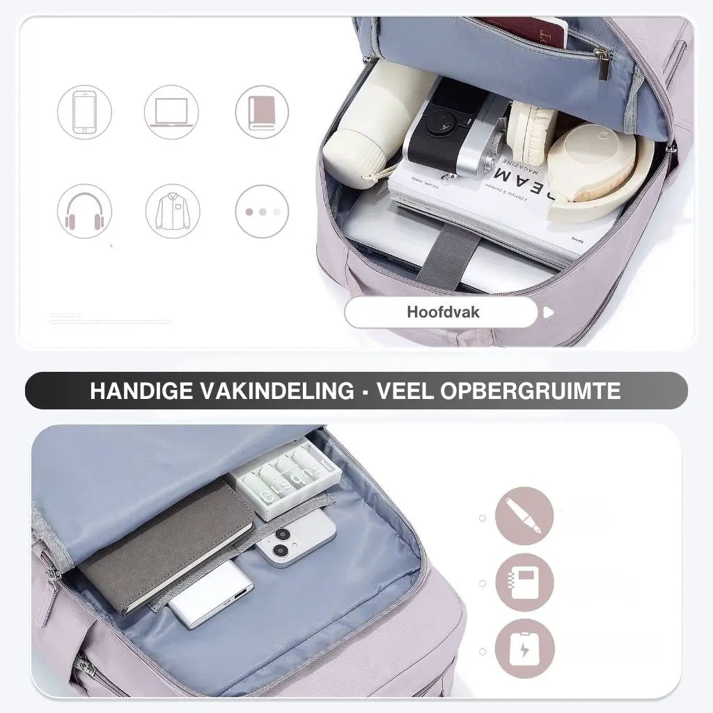 Open roze laptoprugzak van 15.6 inch met verschillende vakken, gevuld met accessoires zoals een laptop, koptelefoon en fles.