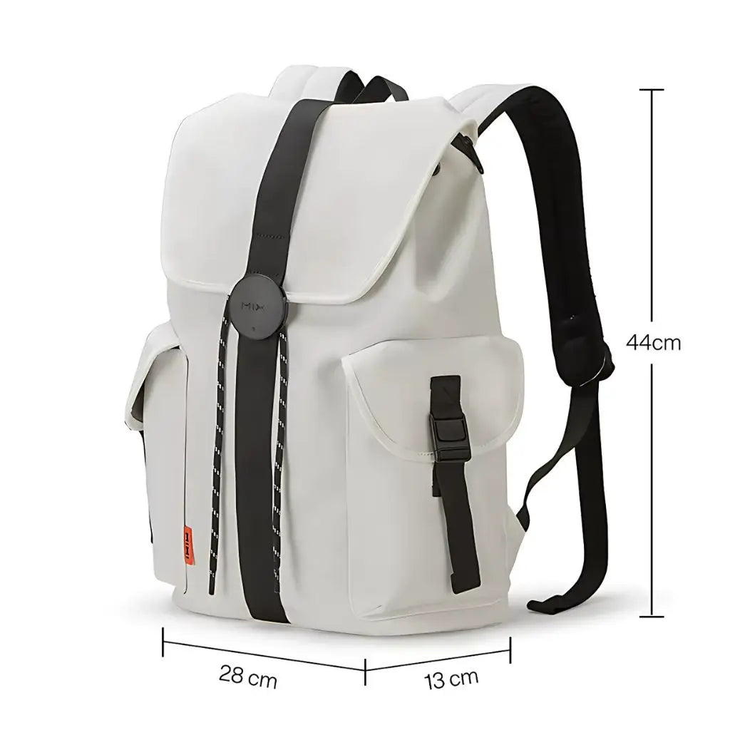 Laptop rugzak 16 inch wit en zwart met duidelijke afmetingen van 44 cm hoog, 28 cm breed en 13 cm diep, ideaal voor de Nederlandse forens die een compacte maar ruime tas nodig heeft.