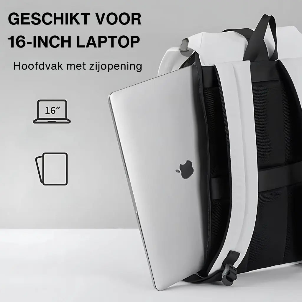 Laptop rugzak 16 inch wit en zwart met duidelijke weergave van compatibiliteit voor 16-inch laptops, voorzien van een hoofdvak met zijopening voor eenvoudige toegang tot elektronische apparaten.