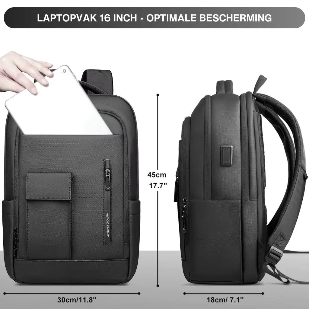 Laptop rugzak 16 inch zwart met duidelijke afmetingen: 45 cm hoogte, 30 cm breedte en 18 cm diepte voor een gedetailleerd overzicht.